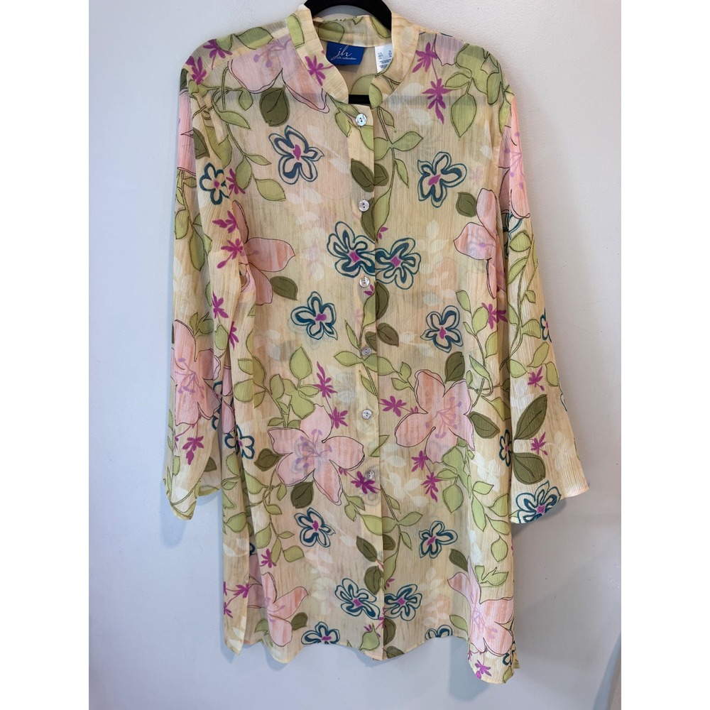 JH Collectibles Floral Tunic Blouse XL Yellow Sheer Crinkle Button Up Longline